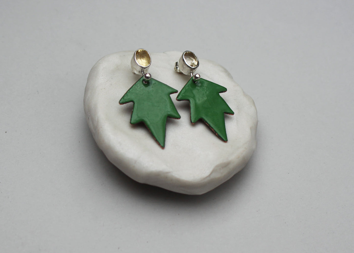 Dauntless Earrings with Reclaimed Citrine and Copper Enamel in Green