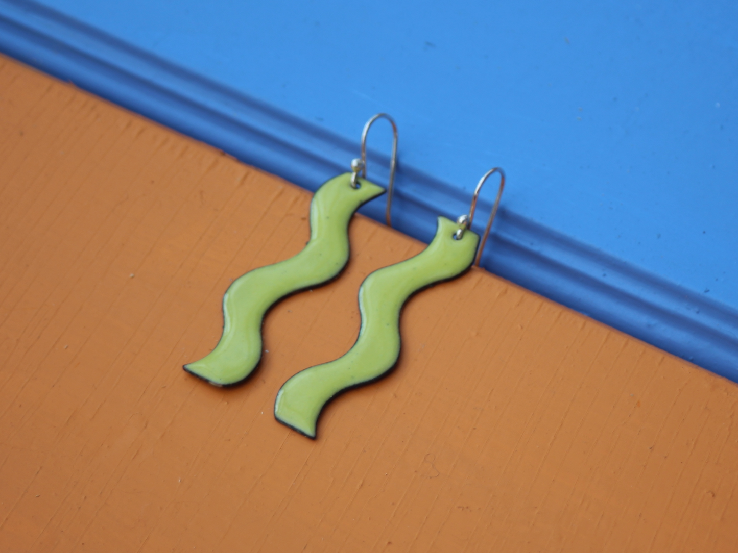 Wavy Copper Enamel Earrings in Limeade