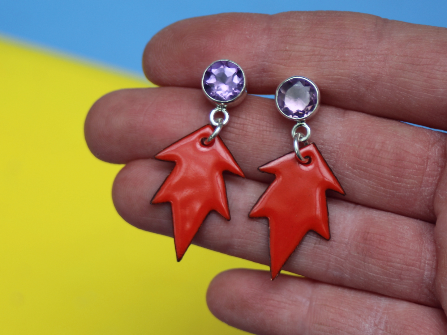 Dauntless Earrings with Reclaimed Amethyst and Copper Enamel in Tomato Red