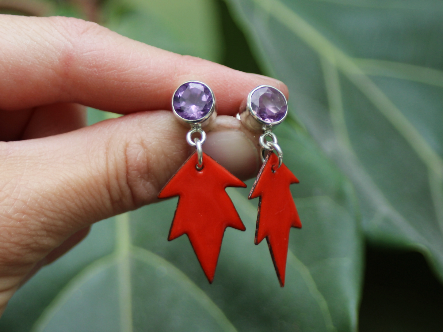 Dauntless Earrings with Reclaimed Amethyst and Copper Enamel in Tomato Red