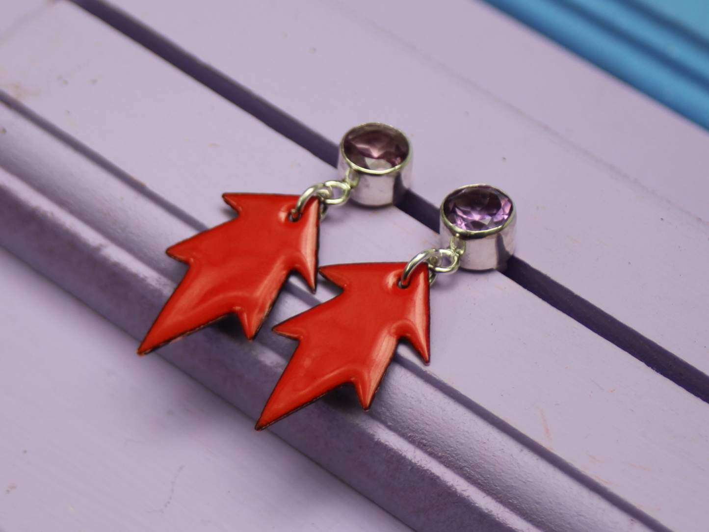 Dauntless Earrings with Reclaimed Amethyst and Copper Enamel in Tomato Red