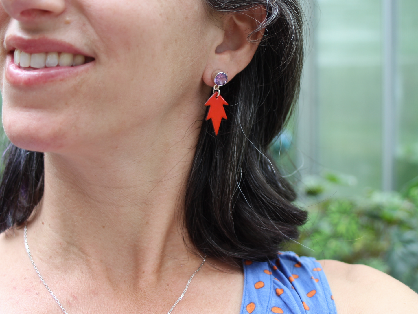 Dauntless Earrings with Reclaimed Amethyst and Copper Enamel in Tomato Red