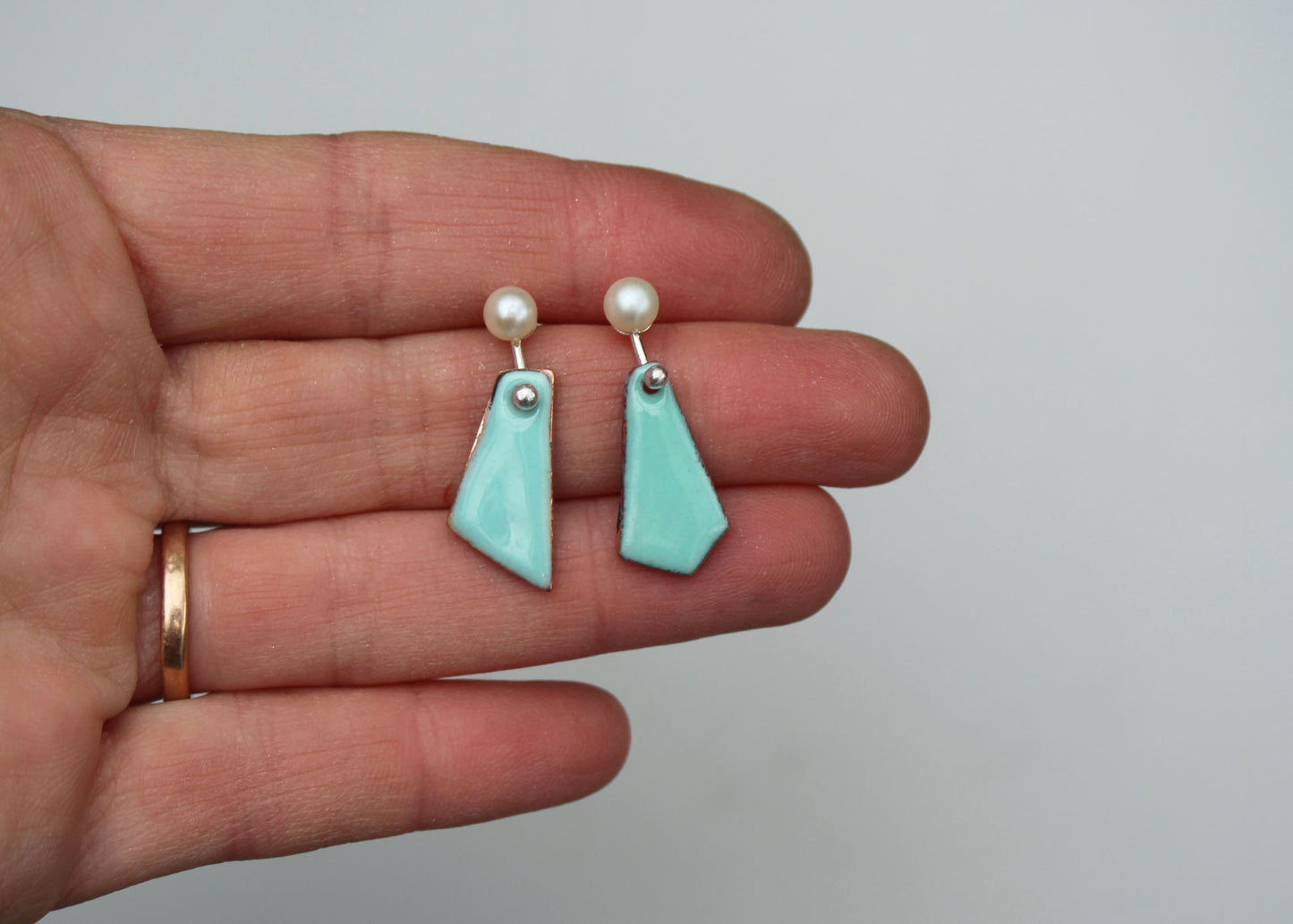 Tessera Pearl and Copper Enamel Earrings in Aquamarine