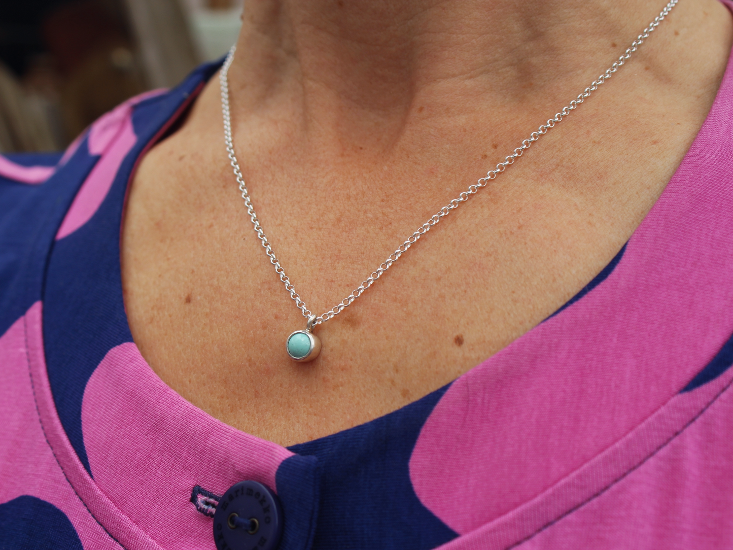Aqua Dot Necklace with copper enamel in sterling silver