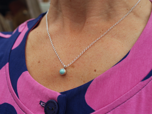 Aqua Dot Necklace with copper enamel in sterling silver