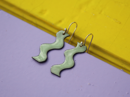 Shimmy Copper Enamel Earrings in Lichen Green