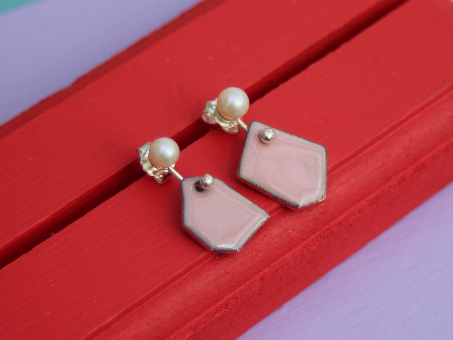 Tessera Pearl and Copper Enamel Earrings in Petal Pink
