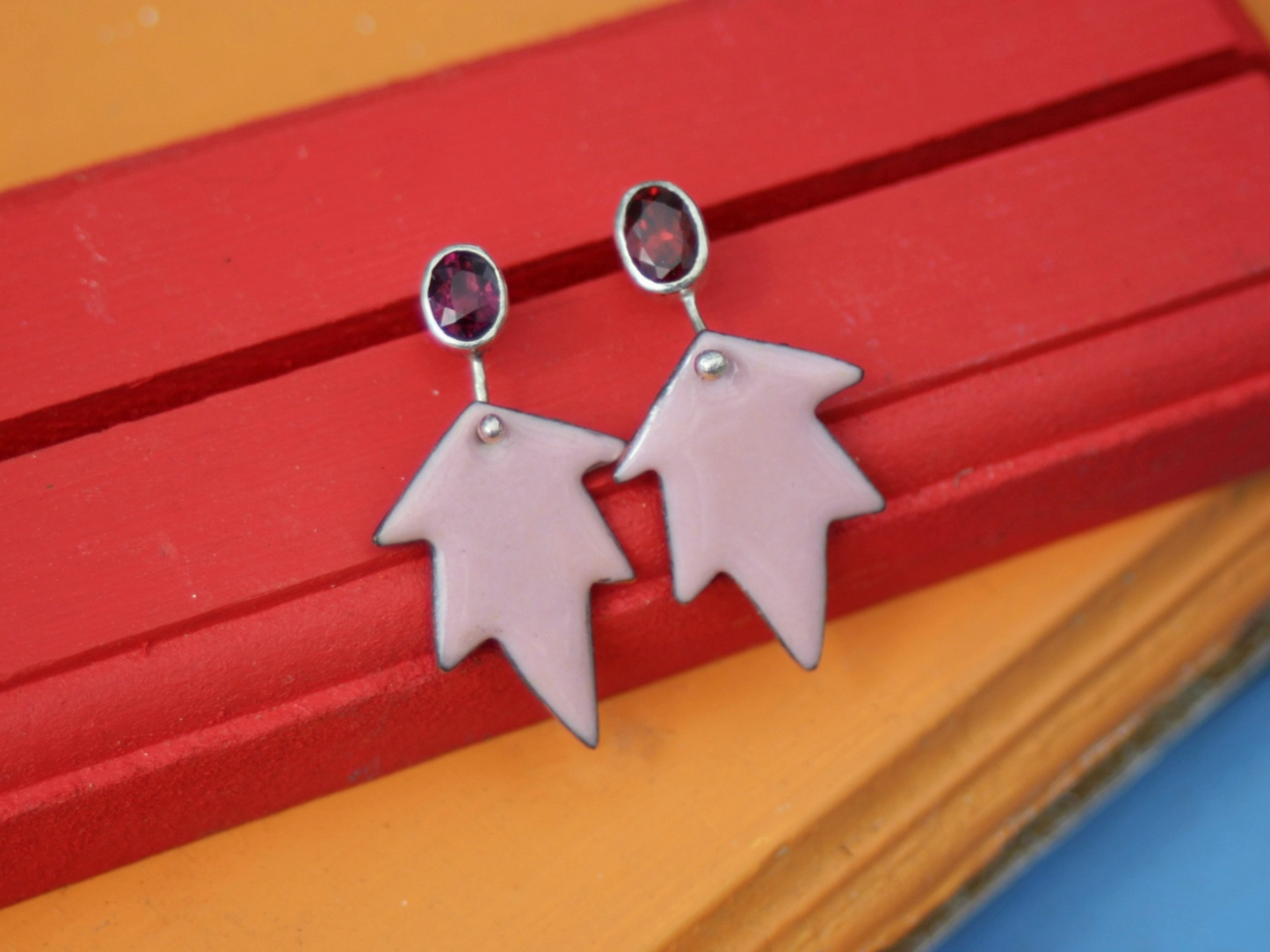 Dauntless Earrings with Tourmalines and Copper Enamel in Petal Pink