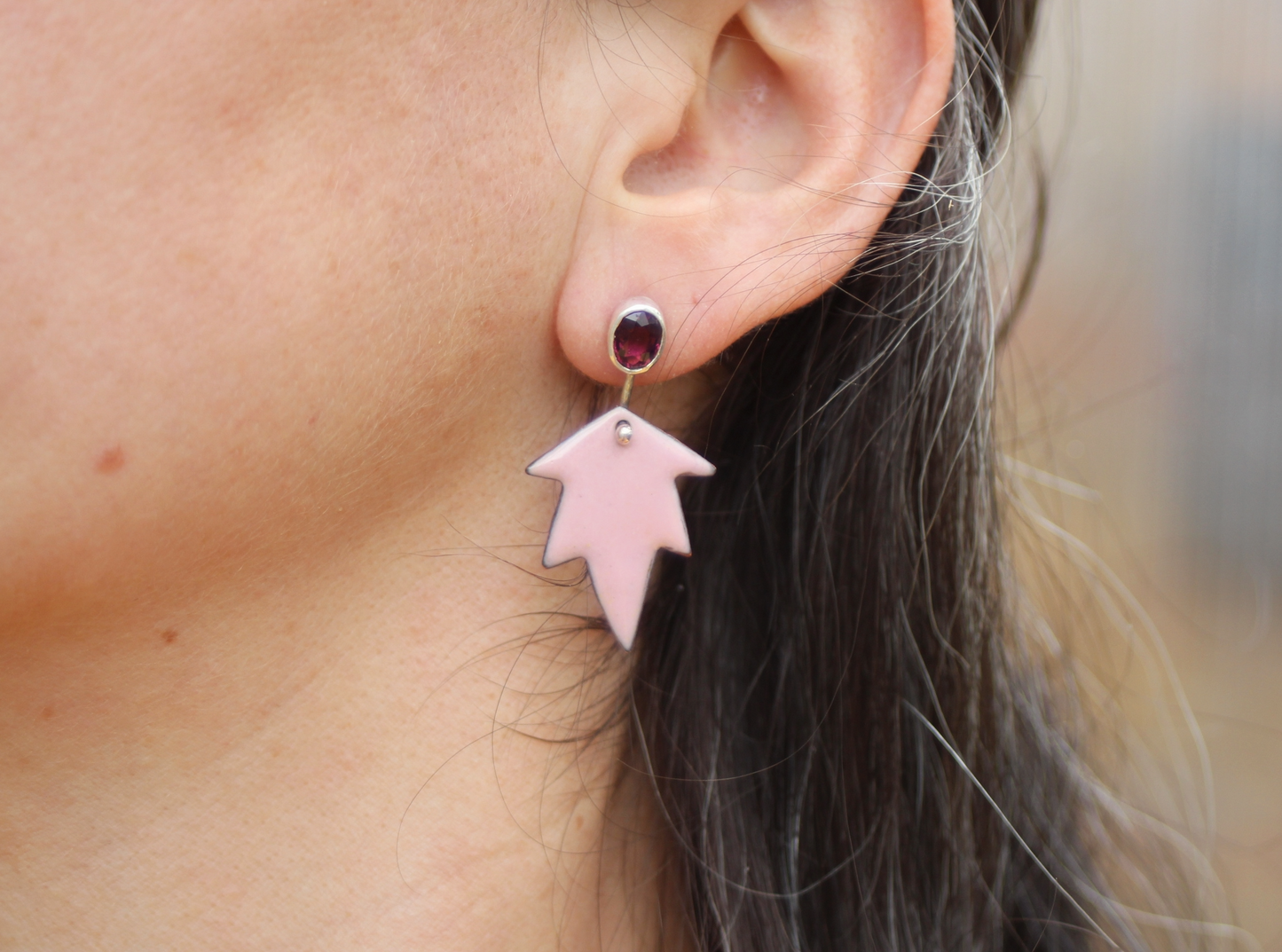 Dauntless Earrings with Tourmalines and Copper Enamel in Petal Pink