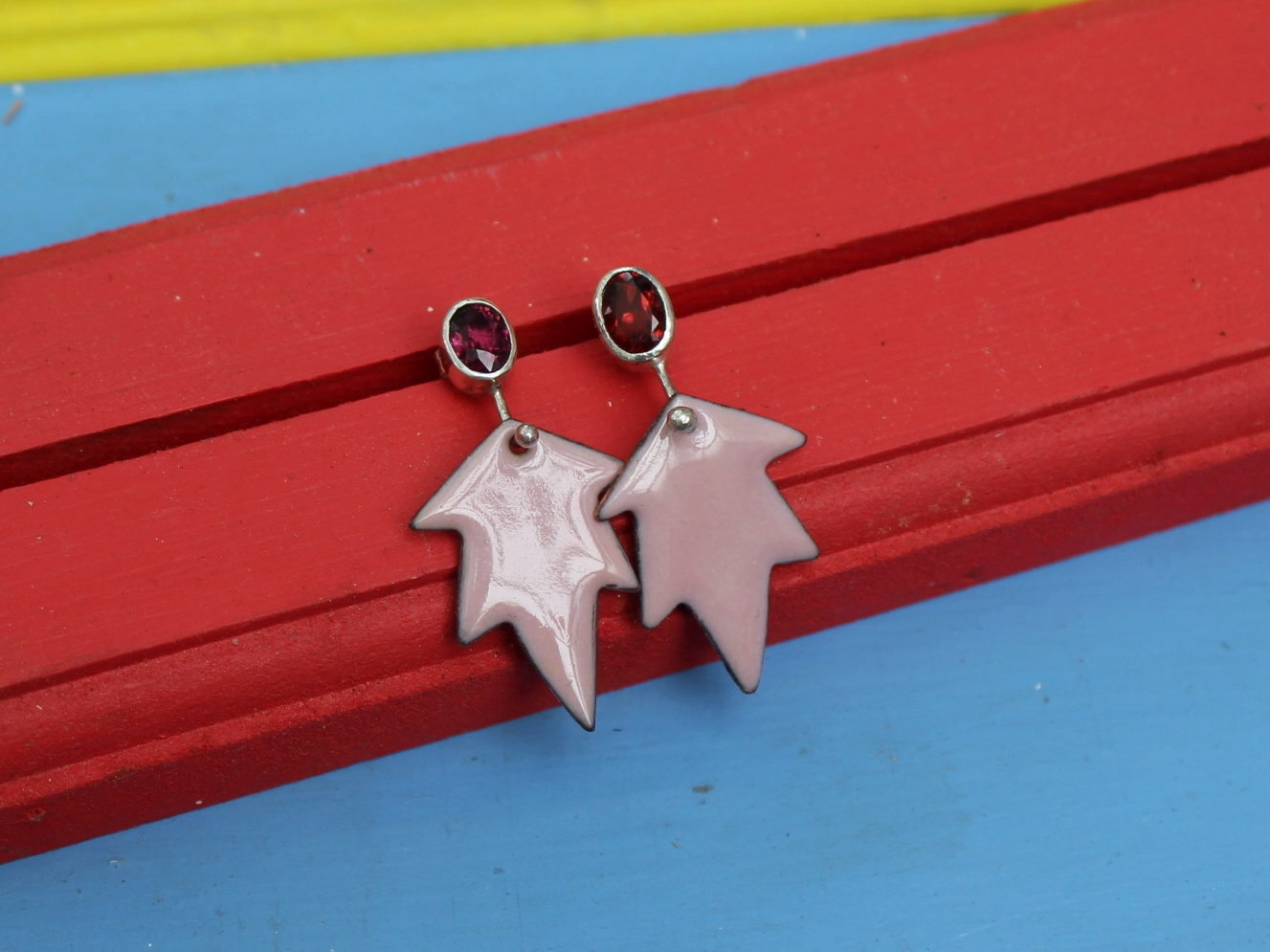 Dauntless Earrings with Tourmalines and Copper Enamel in Petal Pink