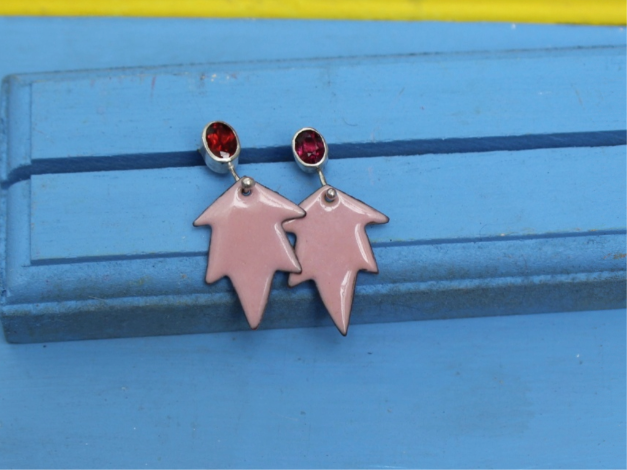 Dauntless Earrings with Tourmalines and Copper Enamel in Petal Pink
