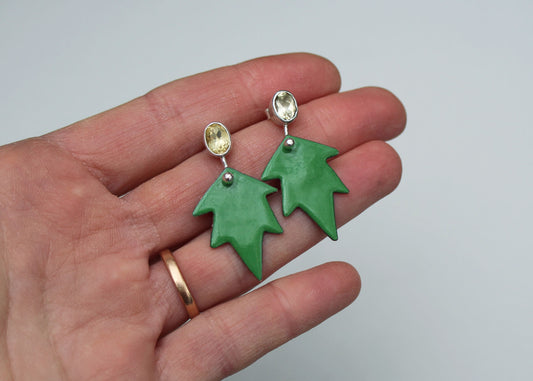 Dauntless Earrings with Reclaimed Citrine and Copper Enamel in Green