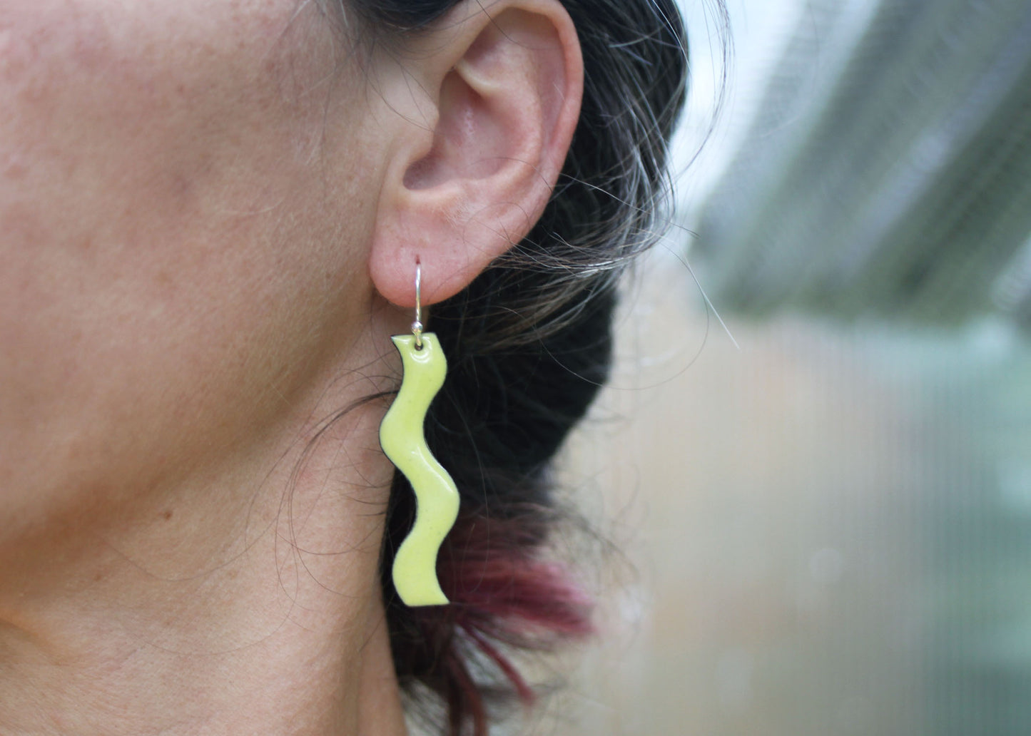 Wavy Copper Enamel Earrings in Limeade