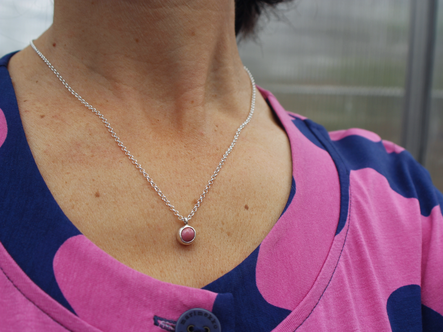 PInk Dot Necklace in copper enamel and sterling silver
