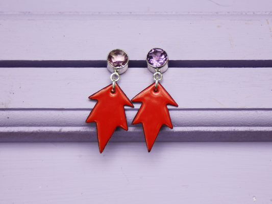 Dauntless Earrings with Reclaimed Amethyst and Copper Enamel in Tomato Red