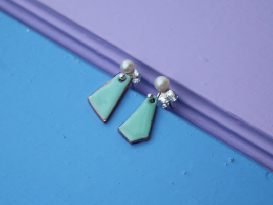 Tessera Pearl and Copper Enamel Earrings in Aquamarine
