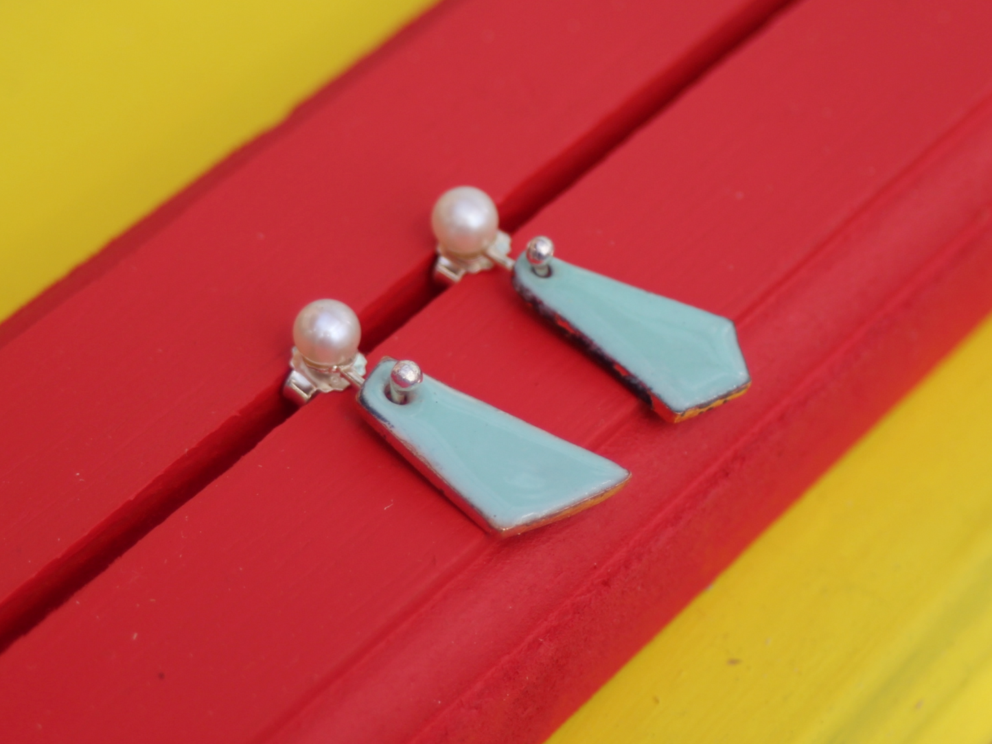 Tessera Pearl and Copper Enamel Earrings in Aquamarine