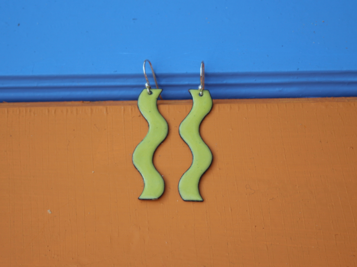 Wavy Copper Enamel Earrings in Limeade